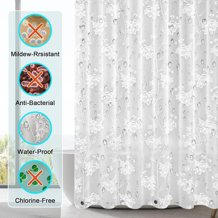 Штора для душу миюча Peva 300x200 см, біла в крапку, антигрибкова, прозора для ванної кімнати та душу