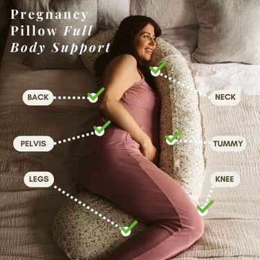Подушка для вагітних BellaMoon 3-в-1 – підтримка всього тіла, C-подібна форма, для сну, годування та як ліжко для дитини, знімний бавовняний чохол (Waterleaves)