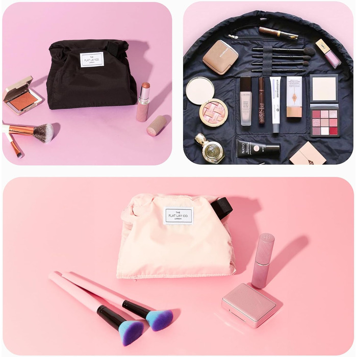 Косметичка-органайзер з шнурком The Flat Lay Co для подорожей, з тримачем для пензлів і кишенею на блискавці, класичний чорний колір