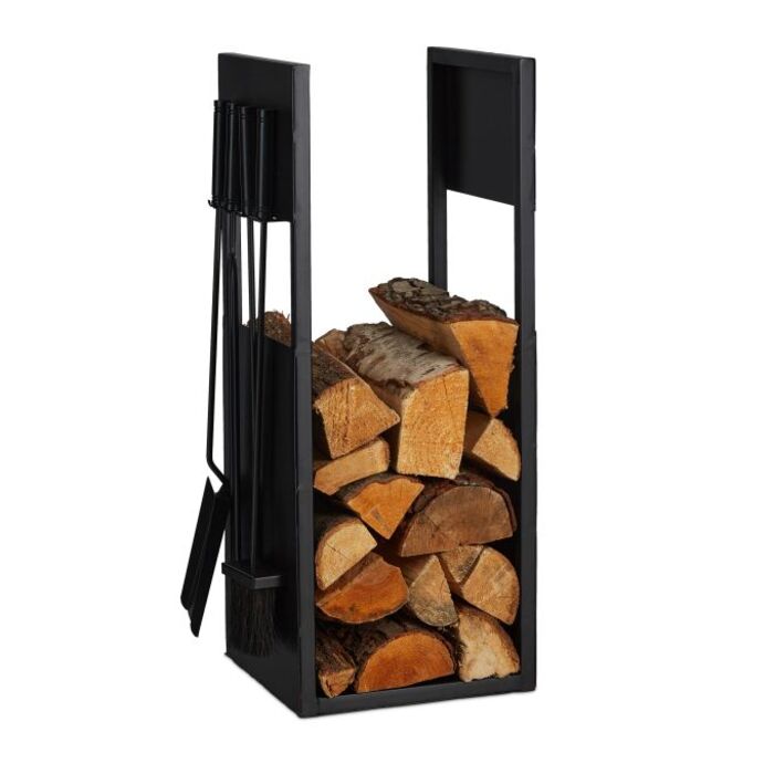 Relaxdays Black Firewood Rack with Cutlery