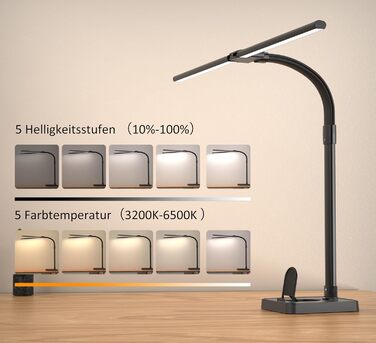 Світлодіодна лампа для столу Doppelkopf з регулюванням яскравості, 24W, 80см, для дому/офісу, денне світло, лампа для столу з шийкою-лебедем (чорна, з підставкою для телефону)