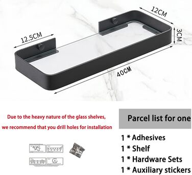 Biutimarden Shower Shelf No Drilling, Bathroom Shelf, Glass Shelf, Wall Mounting, Bathroom Shelf, Rectangular 8MM Tempered Glass, Self-Adhesive, Space Aluminum for Bathroom, Kitchen, Bathroom Accessories, 40CM Black