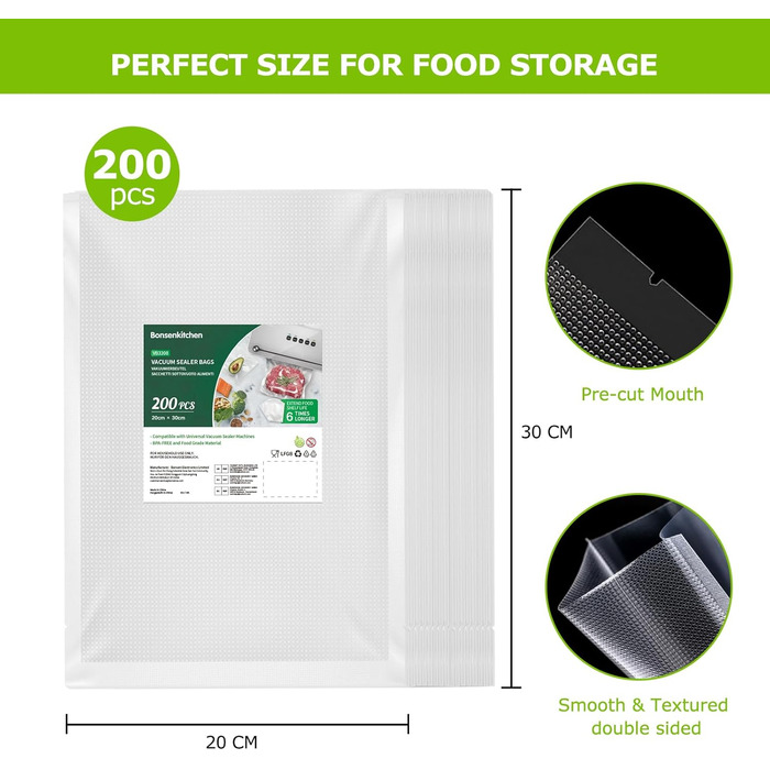 Bonsenkitchen Vacuum Bags 200 Bags 20x30 cm, Professional Foil Bags for all Vacuum Sealers, Vacuum Bags for Food, Sous Vide Freezer Bags, Seal Bags, BPA-free, VB3208