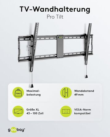 Кріплення для телевізора та монітора Goobay Pro (XL), нахильний (3-12°) та поворотний – для LED, LCD, OLED, плоских та вигнутих телевізорів 43-100 дюймів – максимальне навантаження 70 кг – чорний