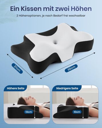 Подушка для шиї DONAMA для сну, ергономічна подушка для тих, хто спить на боці, спині та животі з знімним та пральним чохлом (Чорно-біла, 66x37x13 см)