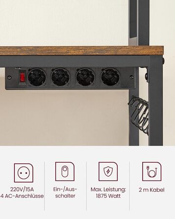 Стелаж кухонний VASAGLE з розетками, для мікрохвильової печі, з решіткою, 14 гачків, антрацит-чорний (40 x 100 x 170 см, Вінтаж-коричневий + Чорний)