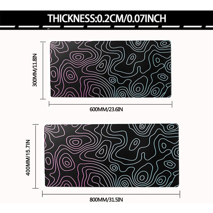 Великий килимок для столу 800x400 мм - ігровий килимок для миші з прошитими краями, неслизька підкладка, килимок для клавіатури та миші Black & White Abstraction (Dazzle Black)