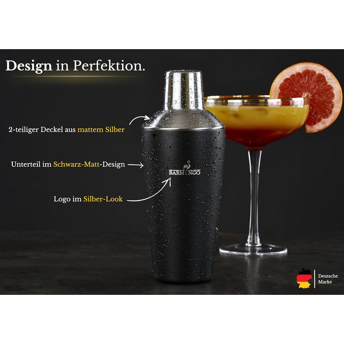 BARMINGO Stainless Steel Cocktail Set - 11 Piece Cocktail Shaker Set with Stand & Bar Accessories | Bartender Set | Cocktail Mixing Set | Bar Set | Gift Set | Black & Silver