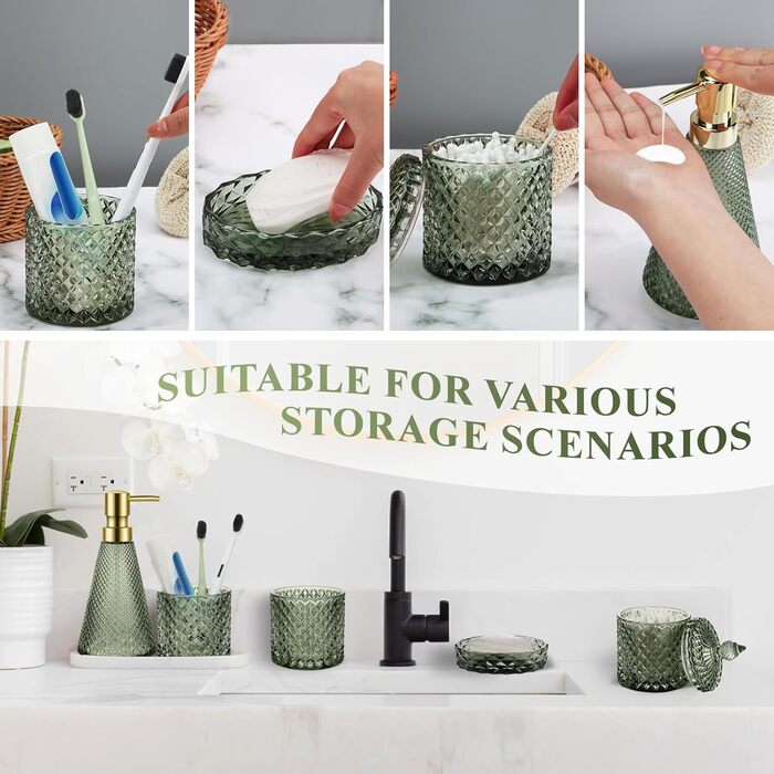 Набір аксесуарів для ванної кімнати зі скла, 5 предметів, зелений, вінтажний стиль. Включає: миловарку, 2 склянки, тримач для зубних щіток, миловарку та піднос для мила.