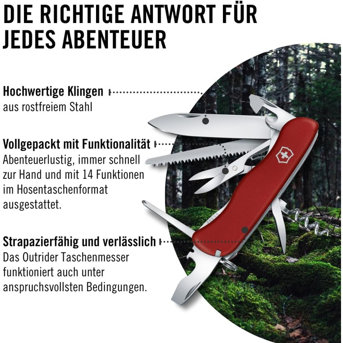 Мультитул Victorinox Outrider: Швейцарський ніж, 14 функцій, фіксаційне лезо, викрутка (червоний)