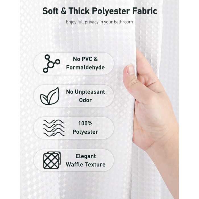 Шторка для душу Uniclife, біла, 180x180 см, вафельна текстура, водовідштовхувальна, 100% поліестер, з 12 нержавіючих люверсів, з 12 металевими гачками та обтяженим краєм