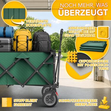 Універсальний складаний візок TRESKO® Bollerwagen 300L з гальмом, зелений - для пляжу, саду, транспорту вантажів до 150 кг, колеса з суцільною гумою