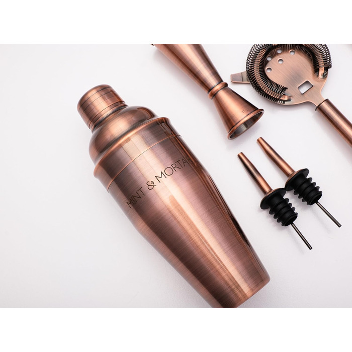 Набір для коктейлів Mint&Mortar 7 предметів з бамбуковим підставкою, з нержавіючої сталі, міксологія, барменський набір з барними інструментами для дому та професійного використання, ідеальний для Мартіні/Маргарити, 680 мл, міксер (Чорний) (Шліфоване мідь