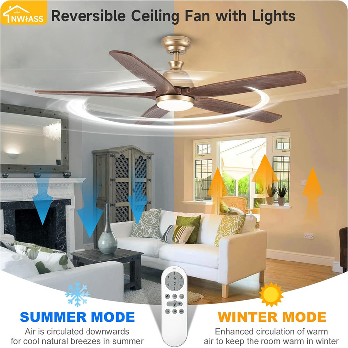 Дзеркальний вентилятор для стелі з дерева, без освітлення, з пультом керування, тихий, для вологого приміщення, 132 см (52 дюйми), коричневий, 5 лопатей