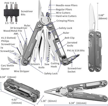 ROCKTOL 27-in-1 Multitool Pliers - EDC Pocket Knife with VG10 Blade & Titanium Handle - Hunting, Camping & Backpacking Tool