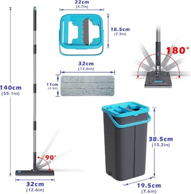 Набір для миття підлоги Wischmopp з відром, мікрофібра, віджимний механізм, 2 в 1, регульована ручка, 6 мікрофібрових насадок, сірий + блакитний