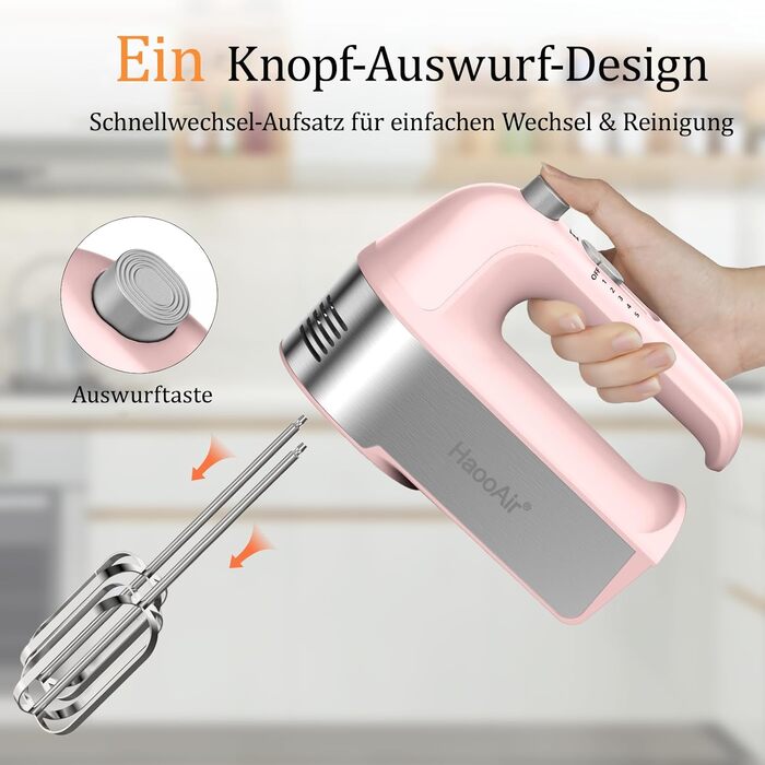 Електричний міксер 450W, 5 швидкостей, з мірним стаканом, 5 насадок з нержавіючої сталі, функція Turbo, кнопка викидання, рожевий
