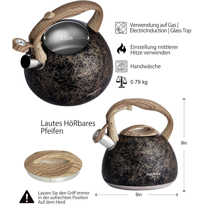 Електричний чайник Poliviar Moderne Induktion, 2.7L, нержавіюча сталь, чорне золото