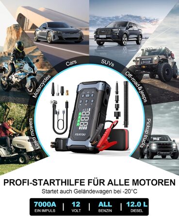 Powerbank для автомобіля Starthilfe 7000A з компресором 150PSI, 12V, до 10L дизеля, QC3.0, LCD, ліхтарик