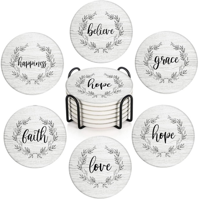 Britimes Drink Coasters, Set of 6, White Marble, Inspiring Love, Absorbent, Round, Ceramic Stone Mat, with Cork Base and Metal Holder, Gift for Housewarming, Bar, Decor (Retro 5)