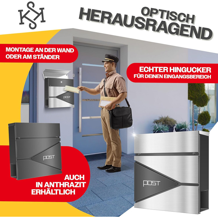 Поштовий ящик KESSER з газетницею, нержавіюча сталь, сріблясто-антрацитовий, з 2 ключами, настінний, з м'яким закриттям кришки, з кріпленням
