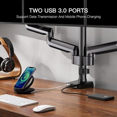 Кронштейн для 3 моніторів ErGear (13-27 дюймів), тримач для екранів з 2 USB-портами, VESA 75/100, навантаження до 8 кг на руку, чорний