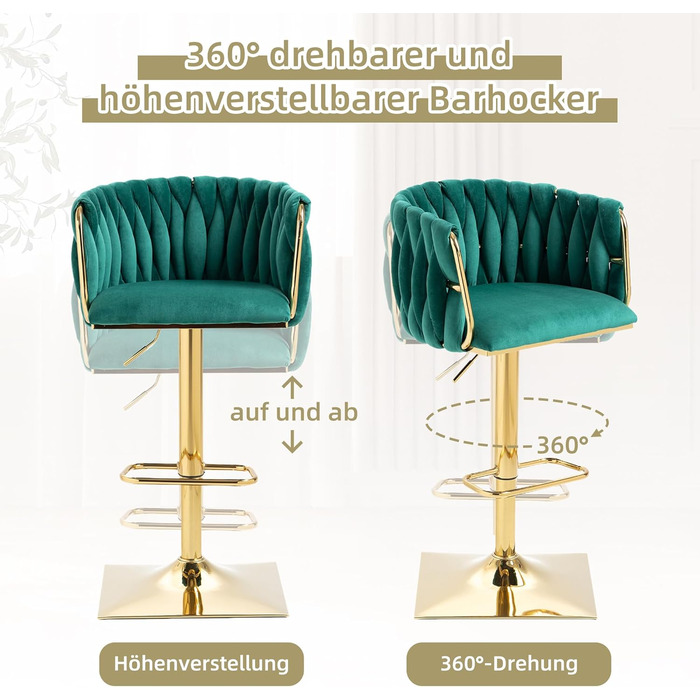 Emerald Velvet Bar Stools 2-Pack - Adjustable Swivel Kitchen Barstools with Backrest for Kitchen & Home Bar