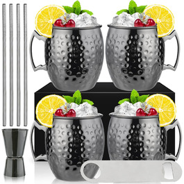 Набір склянок Moscow Mule, 4 чорні металеві келихи 530 мл, нержавіюча сталь, подвійний мірний стакан, для коктейлів, подарункова коробка