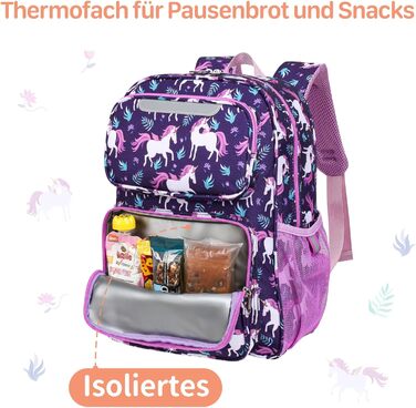 Дитячий рюкзак Bagseri Kinderrucksack для дівчаток 15L, легкий рюкзак для школи та 1-2 класу, з нагрудним ременем та ізотермічним відділенням, сумісний з DIN A4, з світловідбиваючими елементами, Deep Purple Einhorn