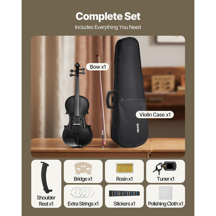 Скрипка VEVOR 4/4 з аксесуарами: футляр, струни, колінь, підставка, тюнер та інші