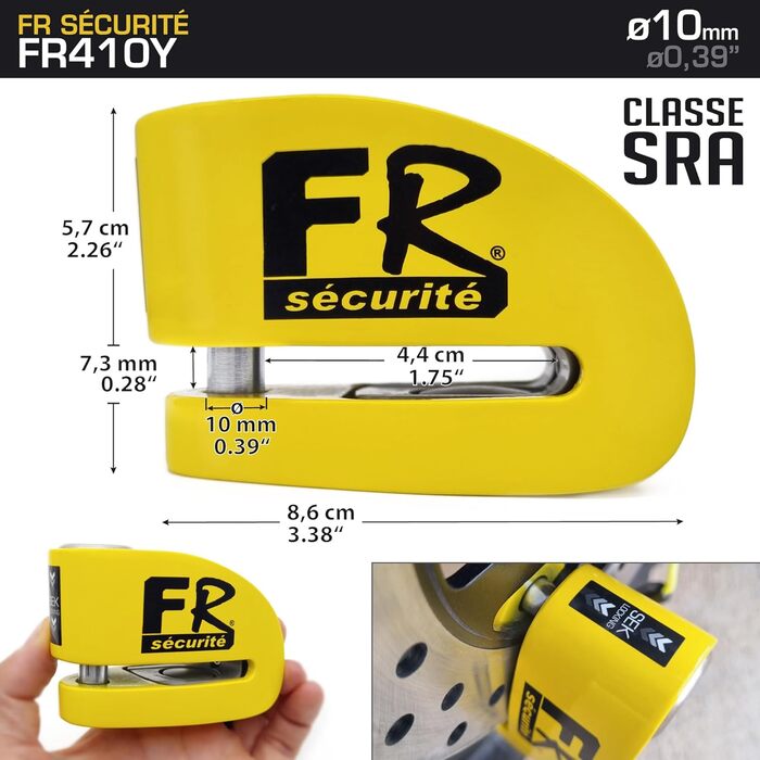 Замок на гальмівний диск FR SECURITE FR410Y з сигналізацією 120 дБ, опціональне увімкнення, висока безпека SRA, подвійне блокування з нержавіючої сталі 10 мм, протиугінний замок для мотоцикла та скутера