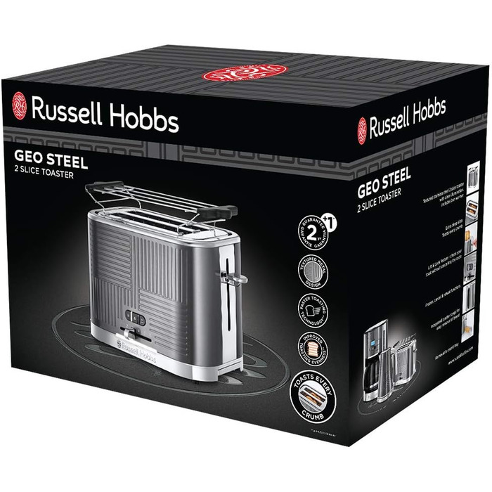 Russell Hobbs Toaster [for 2 slices] Geo Stainless Steel Grey (extra wide toast slots, including bun warmer, 6 browning levels + defrost & reheat function, Quick Toast Technology, 1640W) 25250-56