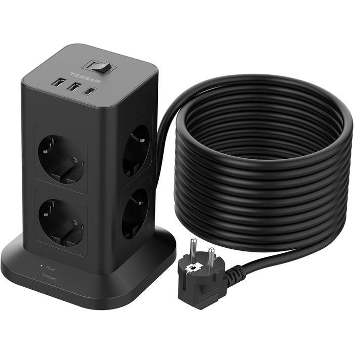 Багаторозетка TESSAN з захистом від перенапруги 3600W 16A, 8 розеток, USB-C, подовжувач 2м, сіра. Розподільник розеток для дому