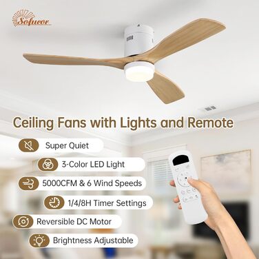 Стеляний вентилятор Sofucor з дистанційним керуванням, дерев'яний з 3 лопатями, 132 см, тихий, 6 швидкостей, таймер, DC двигун, літньо-зимовий режим, для спальні (з підсвічуванням та кріпленням Flush Mount, натуральне дерево)