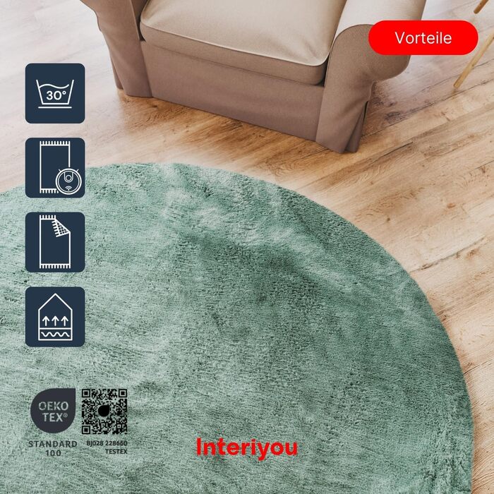 Килимок для вітальні Interiyou Fargo 80x150 см - короткий ворс, миючий, неслизький, штучне хутро, м'який ворс (зелений)