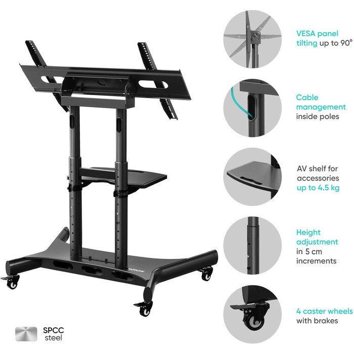 ONKRON Mobile TV Stand with Wheels - Adjustable Height & Tilt for 32-70 inch TVs up to 45kg, VESA 600x400 - Black TS1350-B
