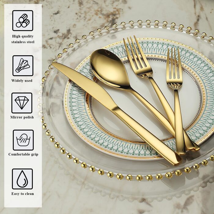 Gold Flatware Set, 48-Piece Service for 12 People, Golden Titanium Stainless Steel Flatware Set, Gold Spoon Fork Knife Set for Home, Wedding, Restaurant, Hotel, Dishwasher-Safe
