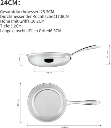 Нержавіюча сковорода з 5-шаровим покриттям, безпечна для посудомийної машини та духовки, індукційна, рівномірний розподіл тепла (24+28 см)