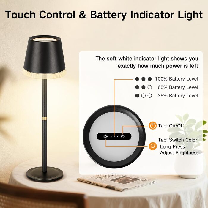 Світлодіодний настільний світильник OUTON з акумулятором, USB-C, 4000mAh, 3 режими освітлення, димування, сенсорне управління, чорний (2 шт)
