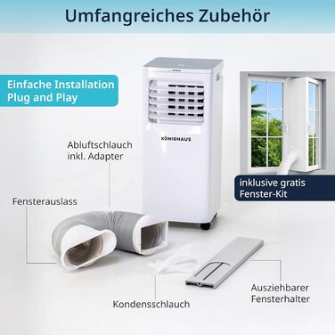 Мобільний кондиціонер Könighaus Smart: охолодження, осушення, вентиляція, очищення повітря | 2.1 кВт (9000 BTU) | з пульт керування, таймер, Sleep-Mode