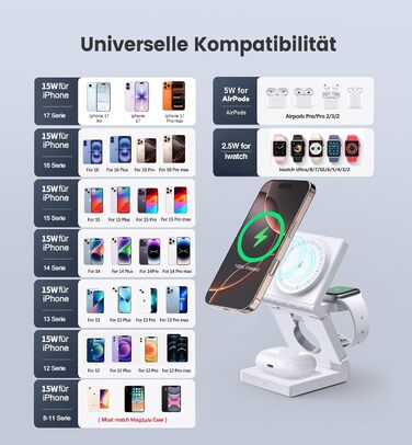 3-в-1 Бездротова зарядка з підтримкою MagSafe для iPhone, Apple Watch та AirPods (біла)