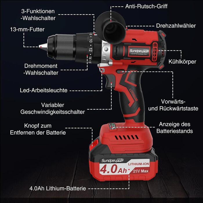 Акумуляторний дриль-шуруповерт SundpeyPRO 21V з перфоратором, 120 Нм, безщітковий двигун, комплект з 2 x 4000mAh акумуляторами, 20+3 ступені крутного моменту, LED-підсвітка