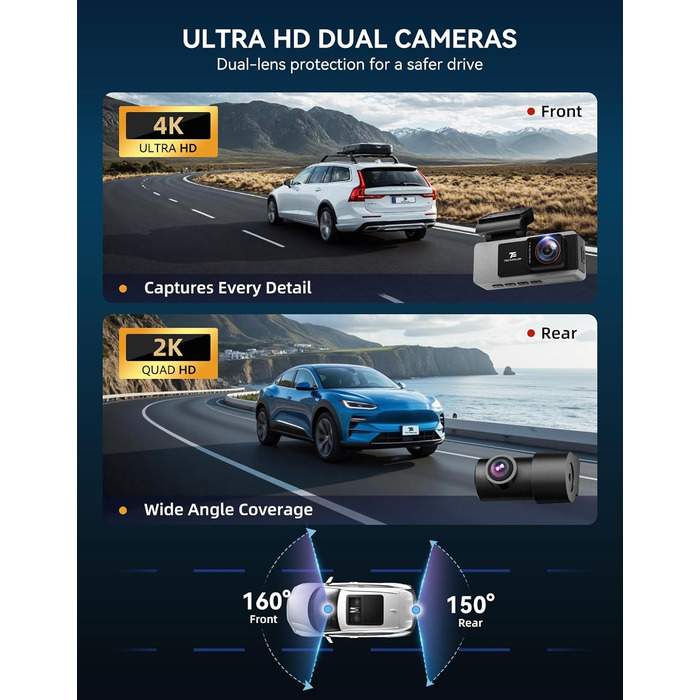 Автомобільний відеореєстратор TECXERLLON 4K Dual Dashcam (передній та задній), нічна зйомка Starlight, GPS, WDR, G-сенсор, режим паркування 24г, кут 160°/150°, карта пам'яті 64ГБ у комплекті