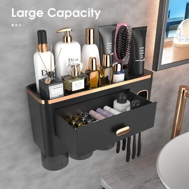 IHave Wall-Mounted Toothbrush Holder, Bathroom Toothbrush Holder with Toothpaste Dispenser, 3 Cup Toothbrush Holder with Drawer, Large Capacity Toothbrush Organizer Bathroom Black Gold