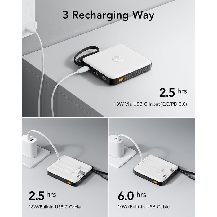 Power Bank VRURC 10000mAh з кабелем: компактний акумулятор USB-C, 22.5W, LED-дисплей, сумісний з iPhone та Huawei (зелений)