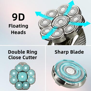 Електричний гоління для чоловіків Glatzen, IPX7 водонепроникний, 9D гнучкий плаваючий головний блок, для мокрого та сухого гоління, LED-дисплей, 120 хвилин роботи від акумулятора, 6-в-1 набір для догляду (9D)