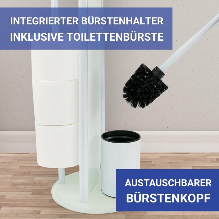 Набір для туалету WENKO Ravina 3-в-1, білий: щітка, тримач туалетного паперу, місце для 3 рулонів | Нержавіюча сталь та скло | 20 x 70 см