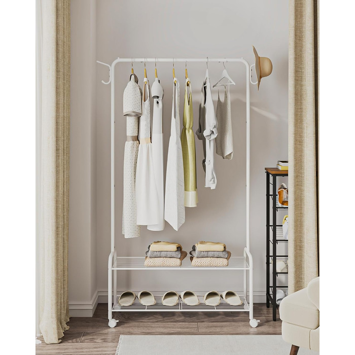 Clothes rack with 2-tier shelf, 3-in-1 design, clothes stand with 4 wheels, coat rack with 4 hooks for bags, GR07499A (White)