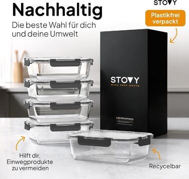 STOVY® Набори для приготування їжі Meal Prep Box - 5 контейнерів по 1040 мл з кришкою. Ідеально для повного раціону. Контейнери для зберігання їжі, придатні для мийки, мікрохвильової печі та морозильника.