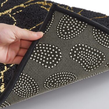 QJHOMO Non-Slip Bath Mat Washable, Bathroom Rug, Toilet Rug with Cutout Black Bathroom Carpet, Gold Decorative Toilet Rug Luxury Bathroom Accessories, soft Microfiber Absorbent Bath Rug 50x50 cm 50 x 50 cm with Toilet Cutout Black and Gold